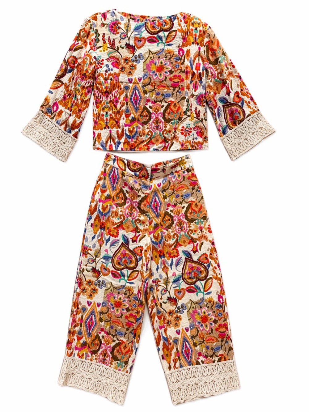 Zara boho resort casual matching set printed crop top wide leg pants small - Picture 2 of 13